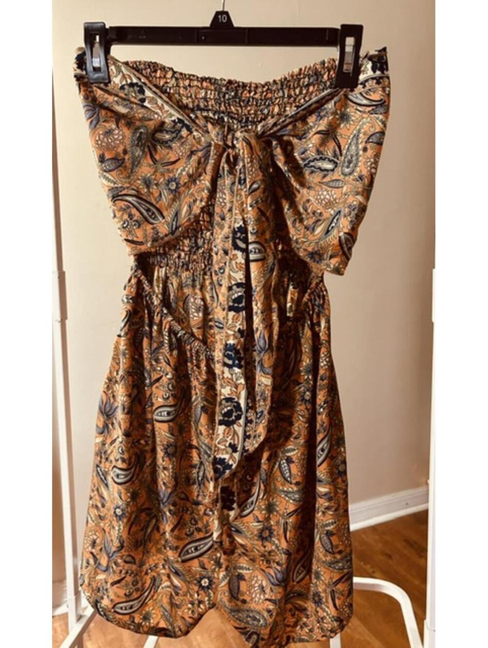 Bohemian Strapless Paisley Print Dress with Tie Waist